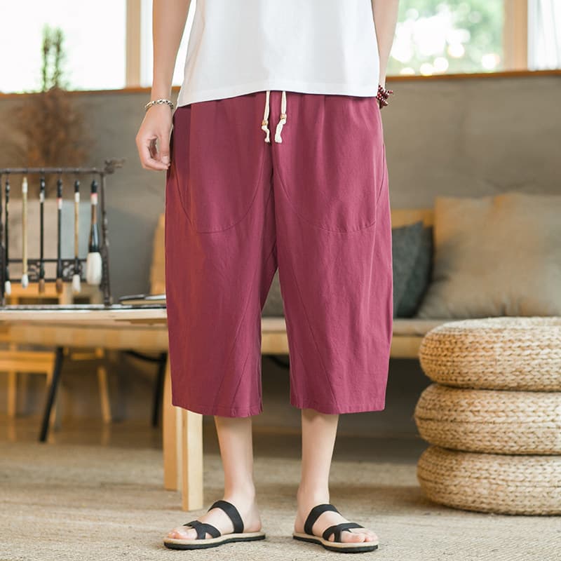 ストレートパンツ 涼やか麻素材ゆったりワイドクロップドパンツ